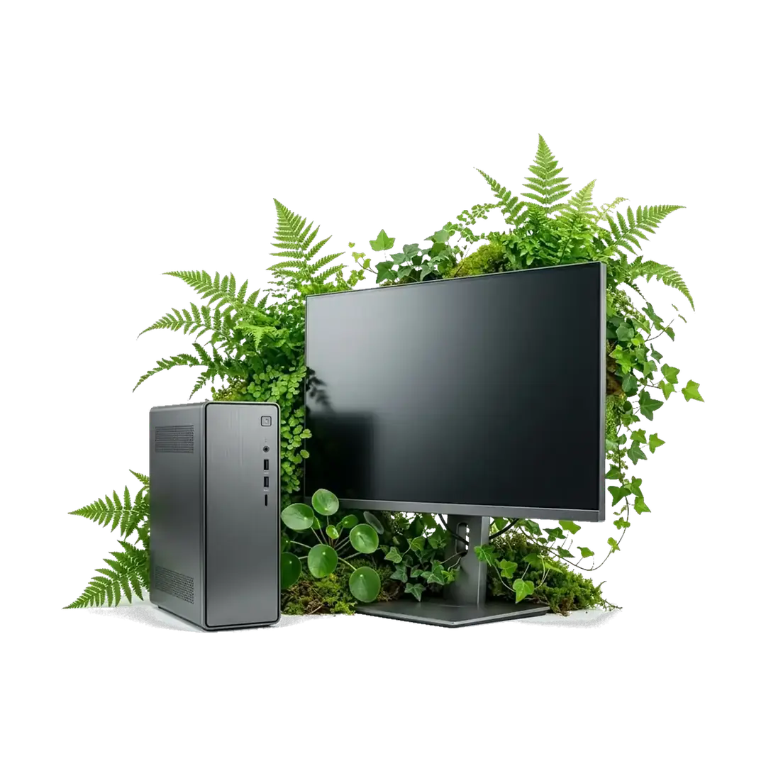 Desktop corporativo y monitor Dell/HP/Lenovo rodeados de plantas flotantes