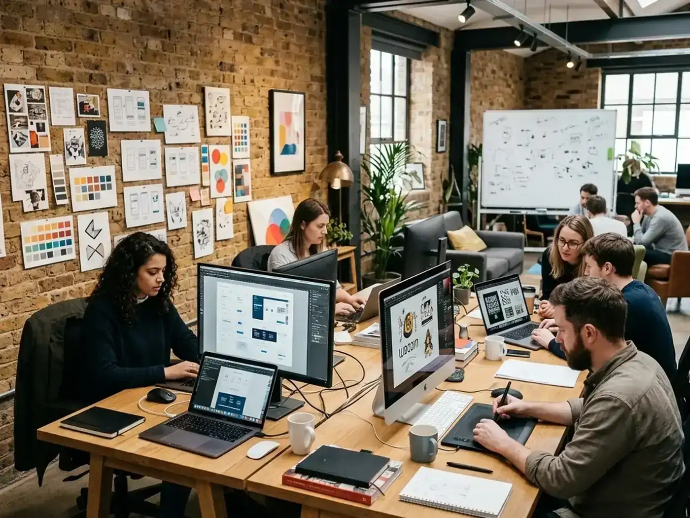 Equipo creativo en estudio de agencia trabajando con workstations y laptops