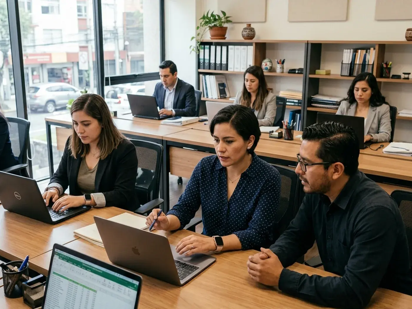Equipo de profesionales en despacho contable/legal colaborando con laptops