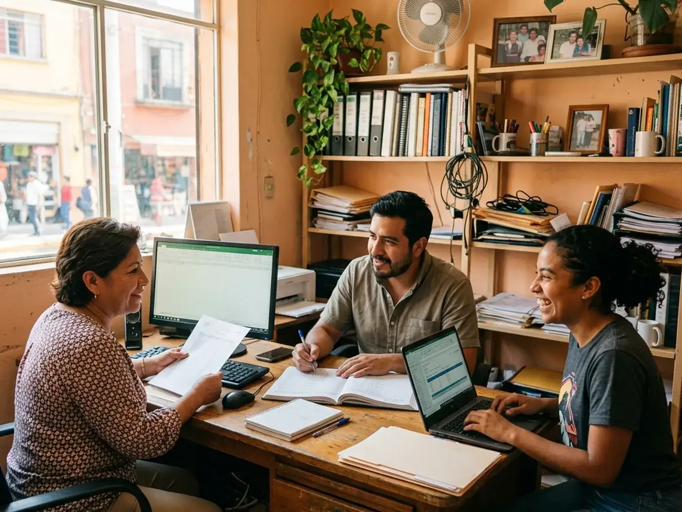 Equipo de pequeña empresa o PyME colaborando en sus escritorios con laptops